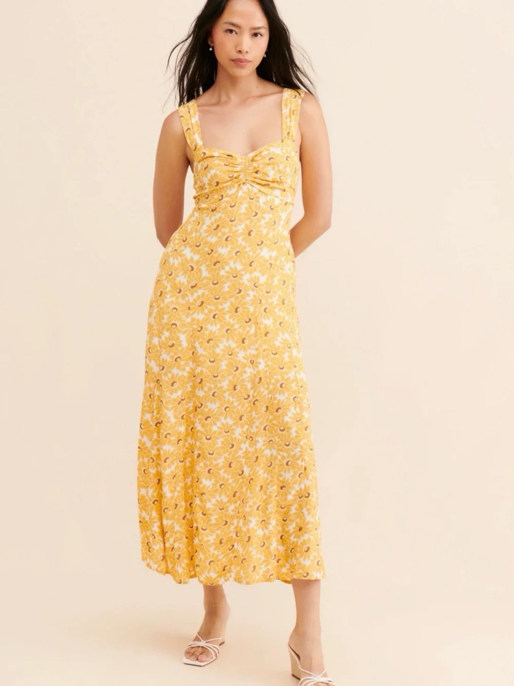 Free People Yellow Floral Midi Dress with Sweetheart Bodice - Picture 1 of 6